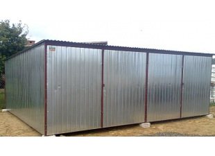 Sheet metal double garage with plinth roof in galvanized